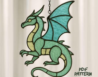 Patrón de adorno de dragón de vitral, plantilla imprimible para manualidades de vidrio, diseño de arte de vidrio de fantasía, atrapasol de dragón, descarga digital en PDF
