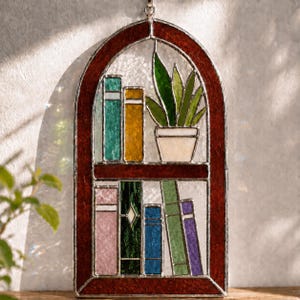 Puede incluir: Estanter&iacute;a de vidrieras con una planta en maceta y libros coloridos. El marco es de color marr&oacute;n rojizo oscuro, y los libros son de varios colores, incluyendo verde, amarillo y azul. La planta tiene hojas verdes y est&aacute; en una maceta blanca.