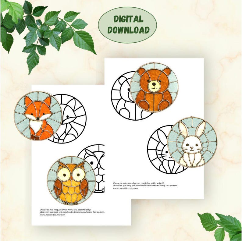 May include: Digital download featuring stained glass animal designs: a fox, bear, owl, and rabbit. Each animal is within a circular frame with a light blue background. The text "DIGITAL DOWNLOAD" is at the top.