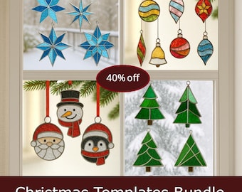 Stained Glass Christmas Patterns Bundle, Holiday Suncatcher PDF Templates, Christmas Ornaments DIGITAL DOWNLOAD - Star, Bauble, Tree, Santa