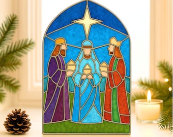 May include: Stained glass panel depicting the three wise men, with a star at the top. The panel features vibrant colors: blue, purple, red, and yellow. The figures are holding golden gifts. A decorative item for the holiday season.