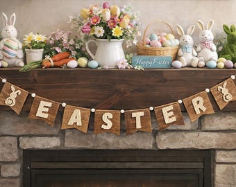 Rustic Wood Easter Banner – Farmhouse Easter Mantel Decor – Bunny Easter Garland – Spring Mantel Decoration – Wooden Easter Sign – Easter