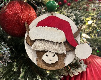 Adornos navideños rústicos de vaca de las Tierras Altas: decoración navideña rústica de madera hecha a mano - Opción de paquete a granel