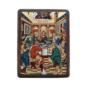 Mystical Supper Gold Leaf Background Orthodox Icon - Silk Screen Technique - Mounting Point - Gift Ready