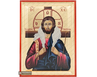 Jesus Christ the Good Shepherd - Original Mt Athos Orthodox Icon - Recessed Panel with Gold Leaves - Free Shipping &  Gift Case