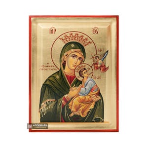 Virgin Mary Perpetual Help Greek Orthodox Wood Icon with Gold Leaf Background