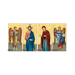22k Set of 4 Cathedral Icons - Jesus Christ - Virgin Mary - Archangels Michael & Gabriel Christian Orthodox Icon on Wood with Gold Leaf back