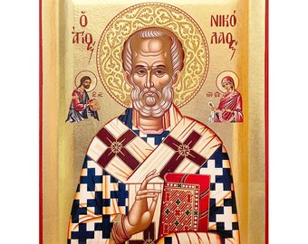 Ícono de San Nicolás hecho a mano con fondo de HOJAS DE ORO en madera natural empotrada - ESTUCHE - Punto de montaje y soporte - ¡Listo para regalar!