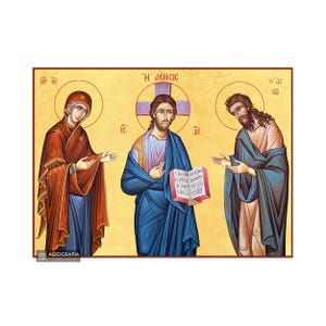 22 karats Deisis Jesus Christ Virgin Mary St John Christian icon | GOLD LEAVES 22k - Wood - Mounted - Case & Free Shipping