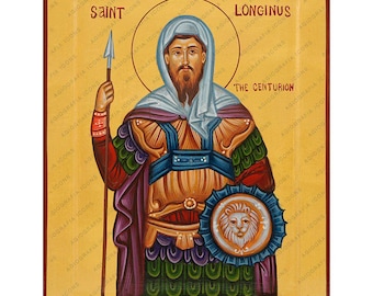 St Longinus the Centurion Handwritten Icon on Wood with 24k Matte Gold Leaf background