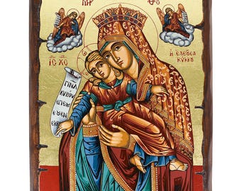 Virgen María Kykkoy Eleousa - Pan de oro sobre madera maciza de pino tallada a mano con técnica de envejecimiento - Punto de montaje - Estuche LISTO PARA REGALO