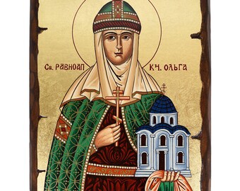 Santa Olga - Fondo de pan de oro sobre madera maciza de pino tallada artesanalmente con técnica de envejecimiento - Punto de montaje - Estuche