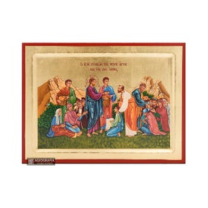 18 karats Jesus Christ Blessing the Bread and Fish Greek Orthodox Wood Icon with Gold Leaf - Mounting Point - Gift Ready