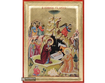Geboorte van Jezus Christus - Origineel orthodox icoon van berg Athos - verzonken paneel met bladgoud - gratis verzending en geschenkverpakking