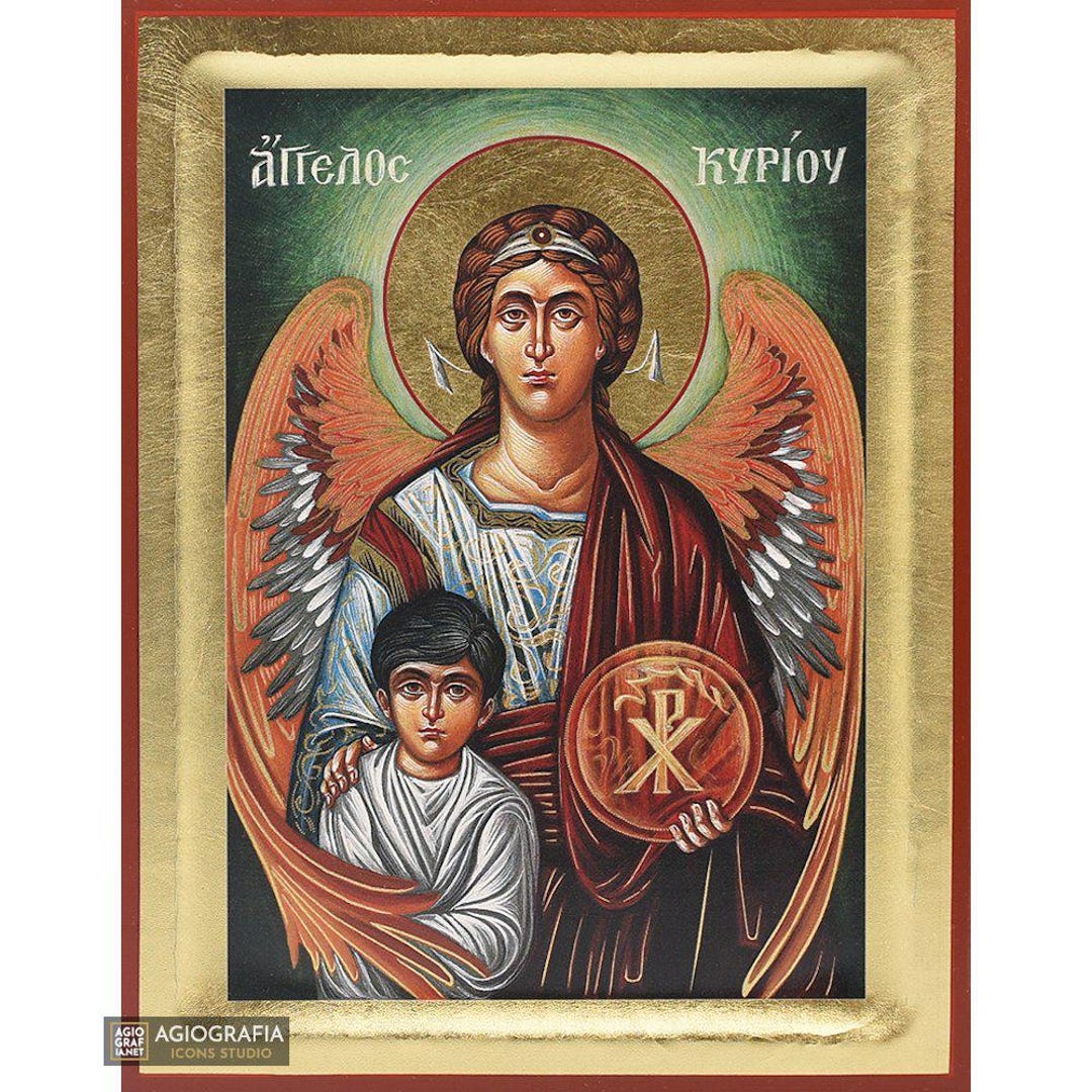18 Karats Guardian Angel Greek Orthodox Wood Icon With Gold Leaf ...