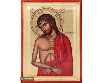 Jesus Christ The Bridegroom Orthodox Icon GOLD LEAVES background - Recessed Natural Wood - CASE - Mounting Point -Stand - Gift Ready