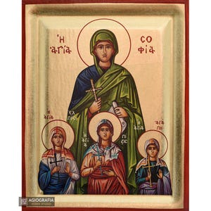 Icona artigianale di Santa Sofia e figlie con sfondo di foglie dorate incassato in legno naturale - CUSTODIA - Punto di fissaggio e supporto
