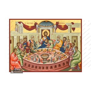22 karats Mystical (Last) Supper Gold Leaf Background Orthodox Icon - Premium Museum Standards Technique - Mounting Point - Gift Ready