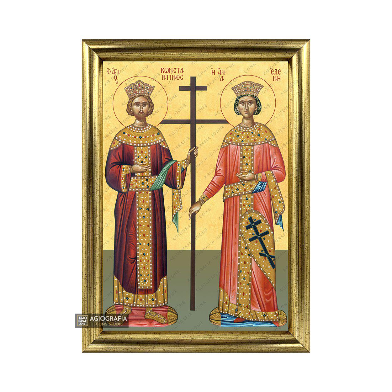 Saints Constantine & Helen - EXCLUSIVE - GOLD LEAF 22k - Wood - Handcrafted Icon - Mounted - Free Shipping Case