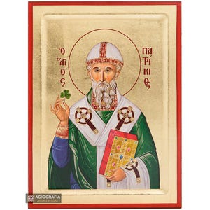 18 karaat Saint Patrick-bladgoud Grieks-orthodox pictogram op hout met montagebeugel en klaar voor cadeau