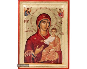 Virgin Mary Directress (Hodegetria) - Original Mt Athos Orthodox Icon - Recessed Panel Gold Leaves - Free Shipping &  Gift Case