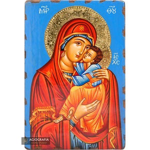 Virgin Mary the Inexaustible Chalice Handwritten Icon on Wood with 24k Water Gilded Halo with Engravings