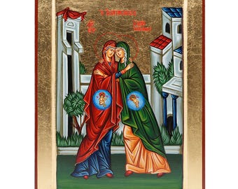 Visitation of Virgin Mary and Saint Elizabeth (Embrace) Handwritten Icon on Wood with Matte Gold Leaf background