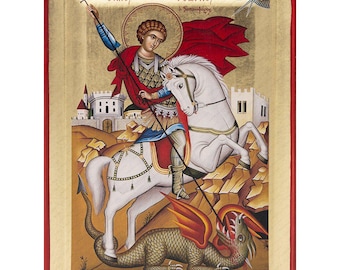Ícono de San Jorge hecho a mano con fondo de HOJAS DE ORO en madera natural empotrada - ESTUCHE - Punto de montaje y soporte - ¡Listo para regalar!