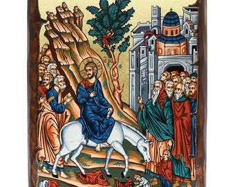 Entrada a Jerusalén el Domingo de Ramos - Pan de Oro - Madera de Pino Maciza Tallada a Mano con Técnica de Envejecimiento - Punto de Montaje - Estuche LISTO PARA REGALO