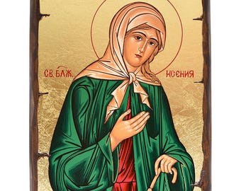 Santa Xenia - Fondo de pan de oro sobre madera maciza de pino tallada a mano con técnica de envejecimiento - Punto de montaje - Estuche