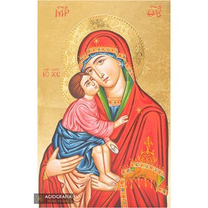 Virgin Mary holding Jesus Christ Handwritten Icon on Wood with Gold Leaves and 24k Water Gilded Halo with Engravings