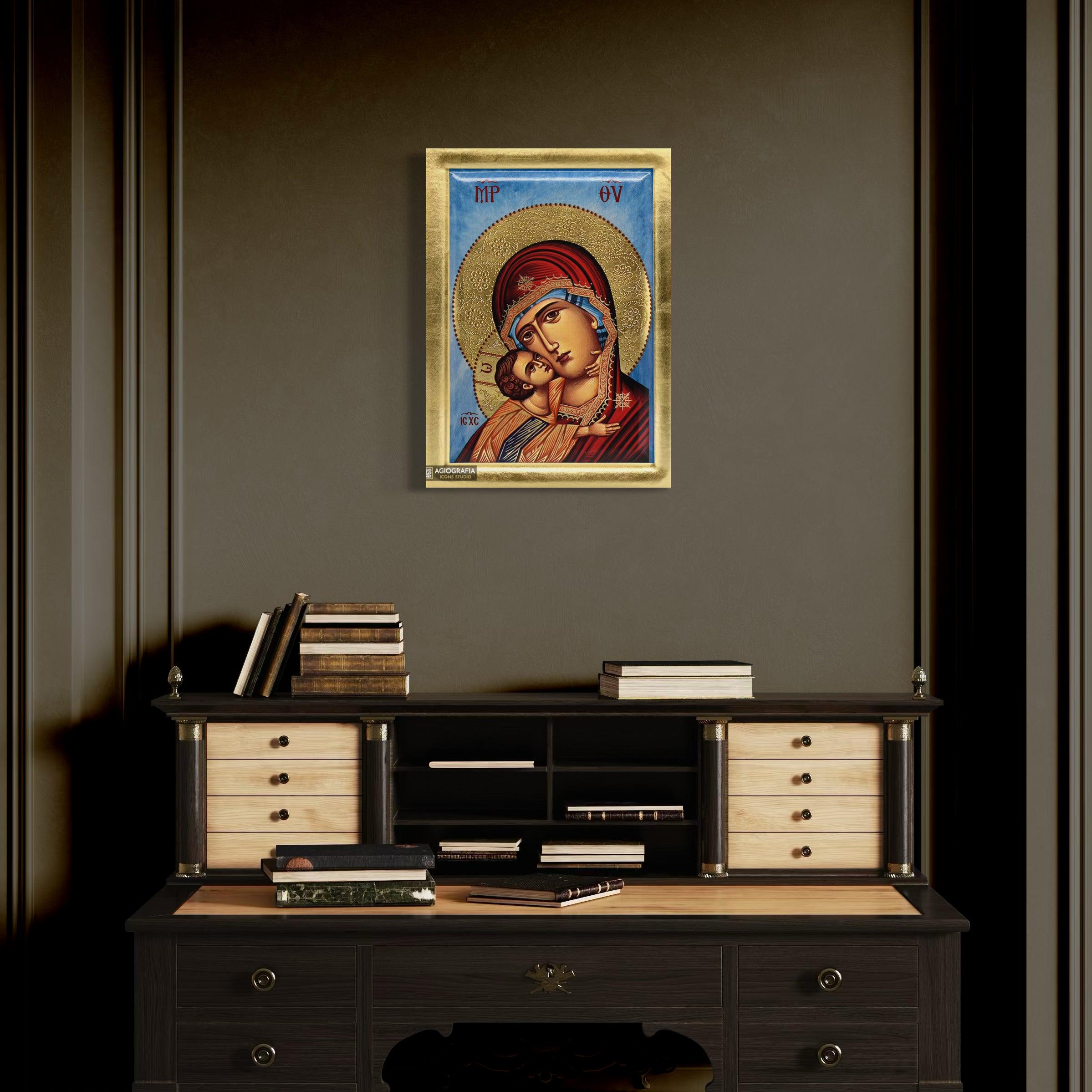 Virgin Mary (cyan Background) - Handcrafted Icon With GOLD LEAVES ...