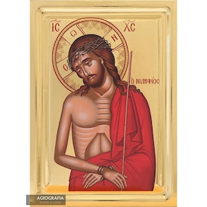 Icona cristiana ortodossa di Gesù Cristo, lo sposo, su legno con sfondo effetto dorato.