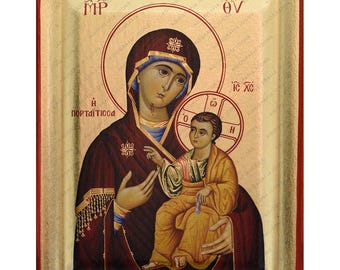 聖母マリア門番アイコン - 手作りの凹型パネルとアイコンケース入り