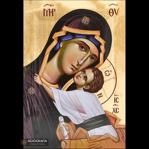 Virgin Mary holding Jesus Christ Aged Christian Orthodox Icon on Wood with Gold Leaf background