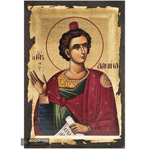 Prophet Daniel Aged Christian Orthodox Icon on Wood with Gold Leaf background