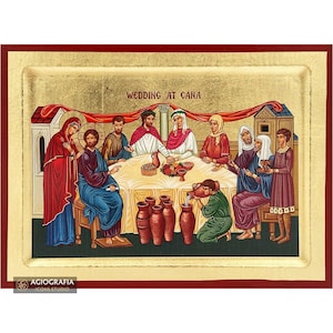 18k Wedding at Cana (English Letters) Christian Orthodox Icon on Wood with Gold Leaf background