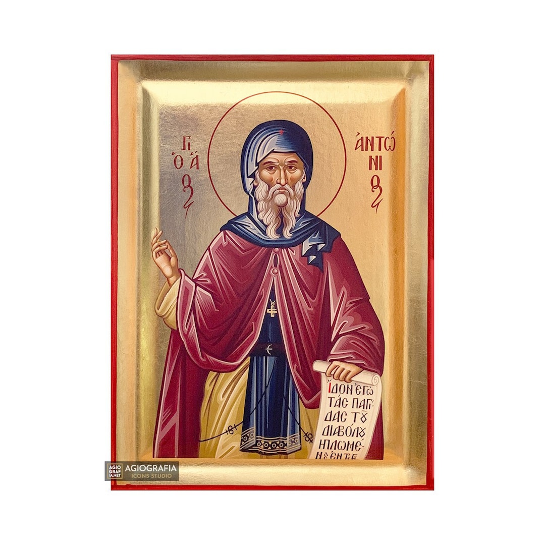 Saint Anthony the Great Handcrafted Icon With GOLD LEAVES Background in
