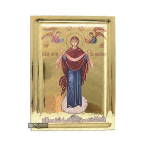 Holy Protection Of The Mother Of God Christian Orthodox Icon on Wood with Gilding Effect background