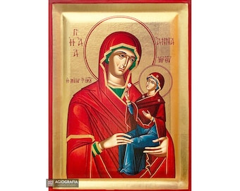Saint Anne with Virgin Mary - Handcrafted Icon with GOLD LEAVES background in a Recessed Natural Wood - CASE - Mounting Point & Stand