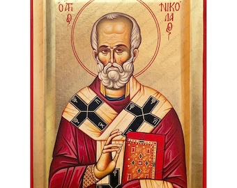 San Nicolás - Icono ortodoxo original del Monte Athos, hecho a mano, en panel empotrado con hojas doradas - Envío gratuito y estuche de regalo