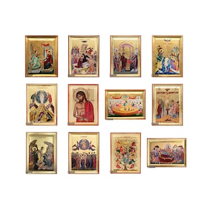 Set van 12 feestelijke iconen - Dodekaorto christelijk-orthodoxe iconen op hout met bladgoud