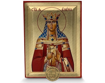 Saint Helen Russian Handcrafted Icon with GOLD LEAVES background in Recessed Natural Wood - Luxury CASE - Mounting Point & Stand -Gift Ready