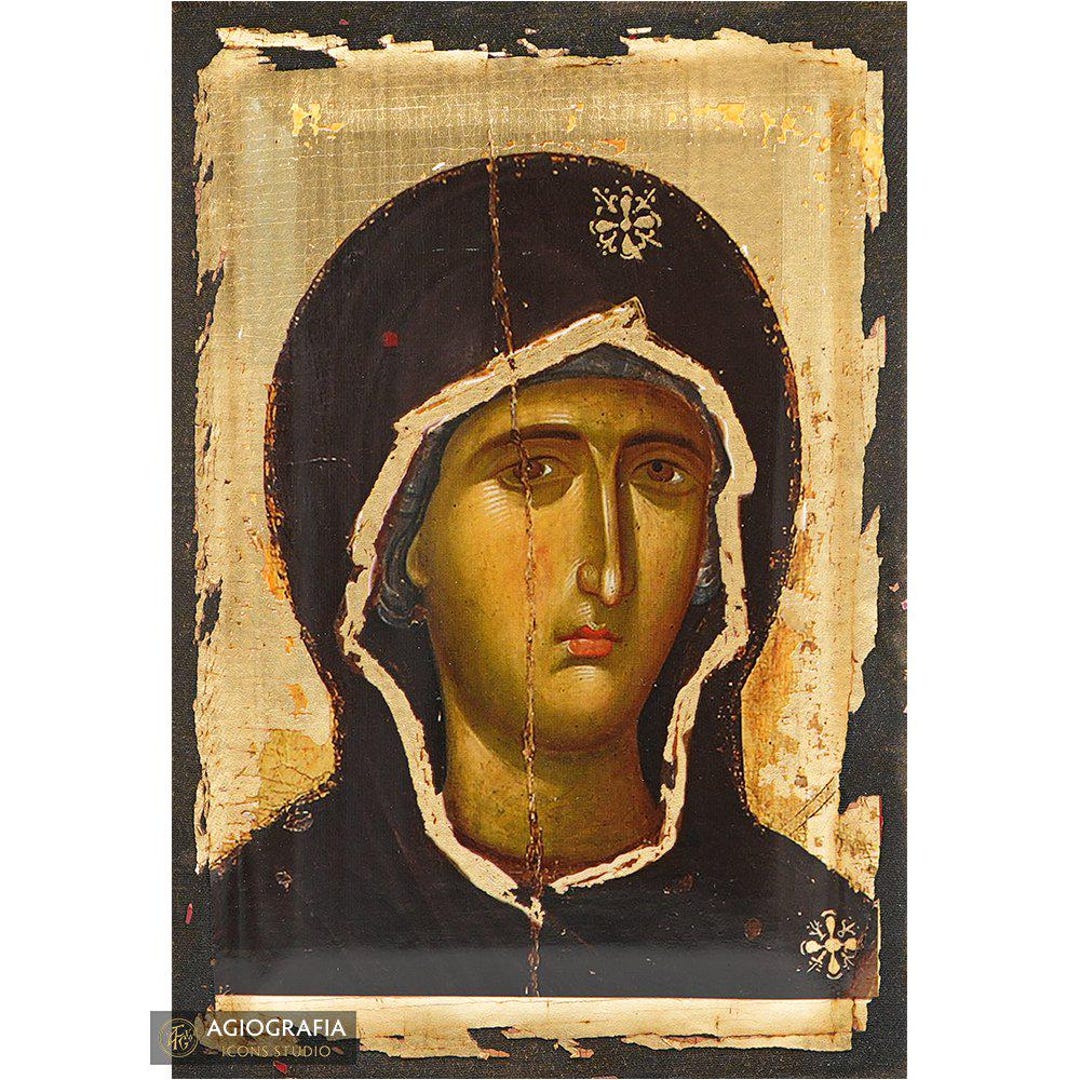 Virgin Mary Aged Christian Orthodox Icon on Wood With Gold Leaf ...