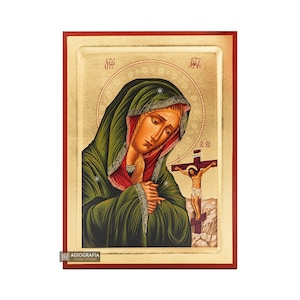 Virgin Mary in Lament Greek Orthodox Wood Icon with Gold Leaf - Mounting Point - Gift Ready
