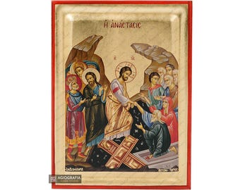 Jesus Christ Resurrection - Original Mt Athos Orthodox Icon - Recessed Panel with Gold Leaf - Free Shipping & Gift Case