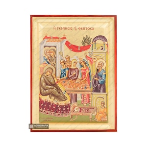 Nativity of Theotokos Virgin Mary Gold Leaf Background Orthodox Icon - Silk Screen Technique - Mounting Point - Gift Ready