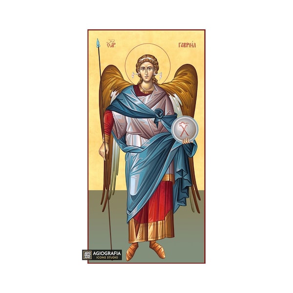 Archangel Gabriel - Handcrafted Icon GOLD LEAVES background - Wood -  Case - Mounting Point