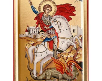 Icono serbio de San Jorge (свети Георгије) con HOJAS DE ORO en madera natural empotrada - CAJA - Punto de montaje y soporte - ¡Listo para regalo!