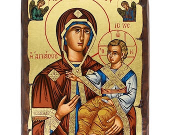 Virgen María Agiasou - Fondo de pan de oro sobre madera maciza de pino tallada a mano. Técnica de envejecimiento. Punto de montaje. Estuche.